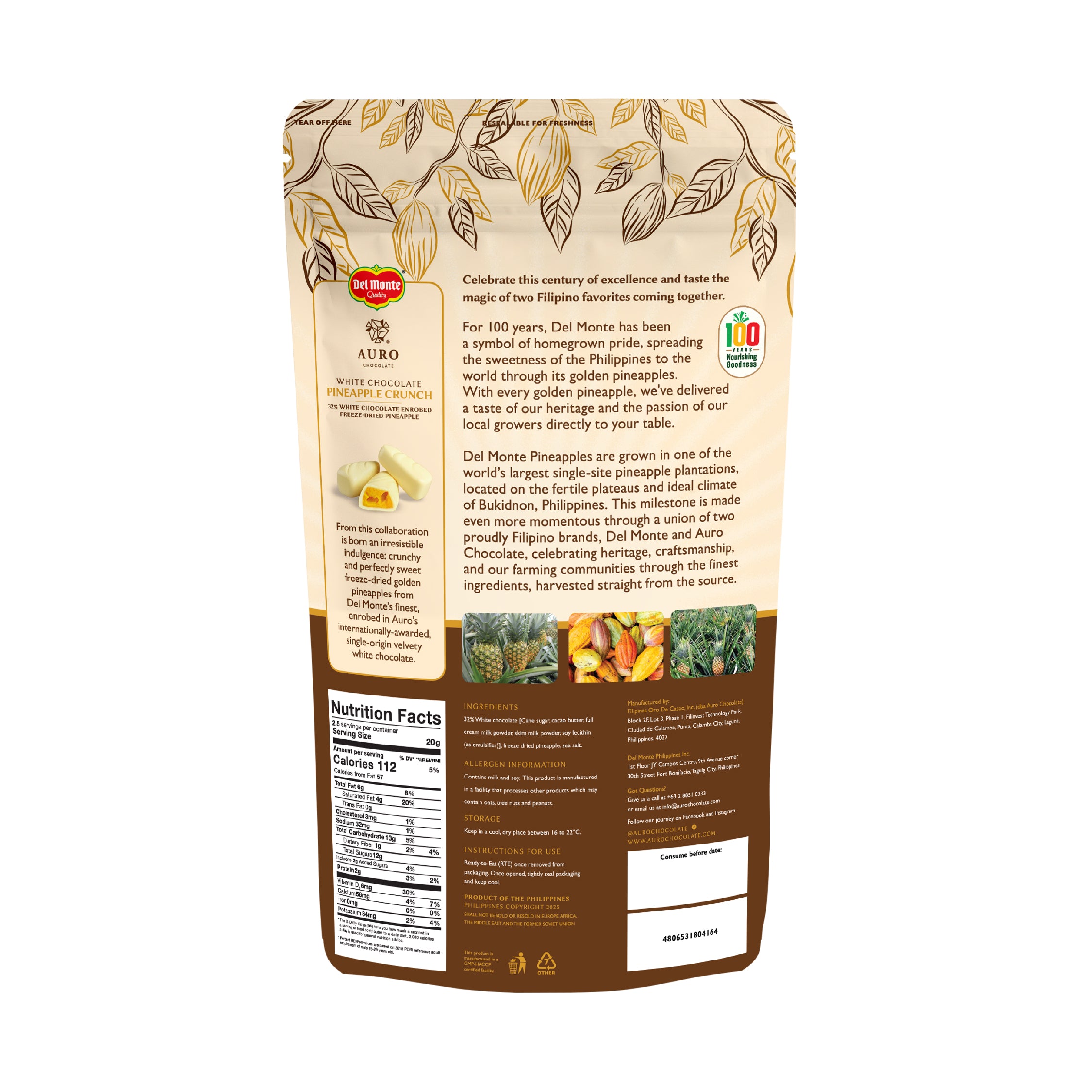 Auro x Del Monte Pineapple Crunch 32% White Chocolate Enrobed Freeze Dried Pineapple (50G)